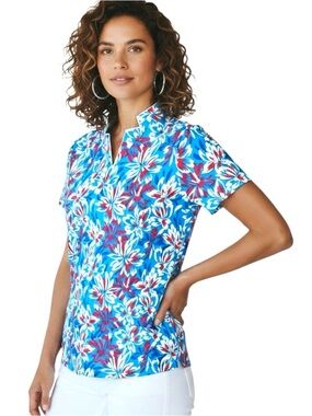 Jofit Top Golf Blue Red Tropical White Floral Mock/Split/Neck Short Sleeve Sz L